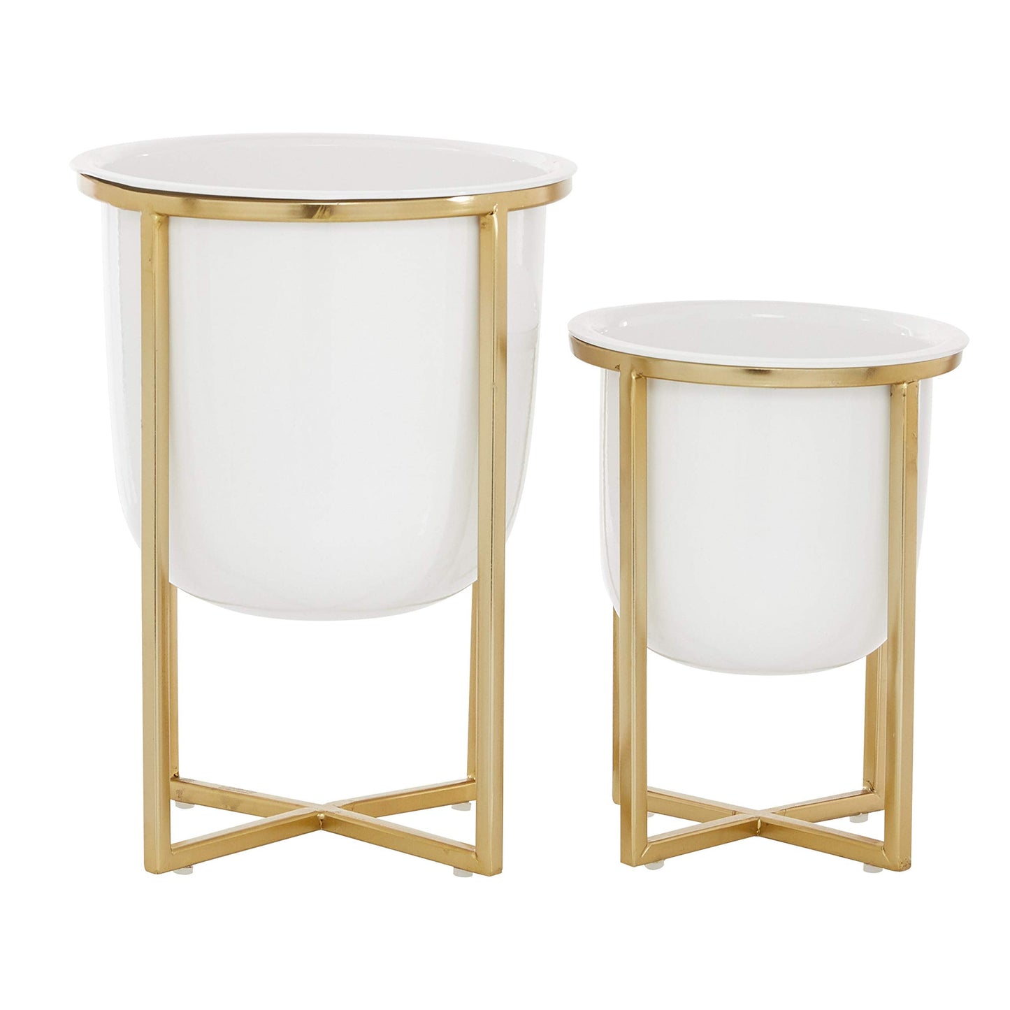 CosmoLiving by Cosmopolitan Metal Indoor Outdoor Planter Dome Small Planter Pot with Gold X-Shaped Stands, Set of 2 Planters 12", 10"H, White