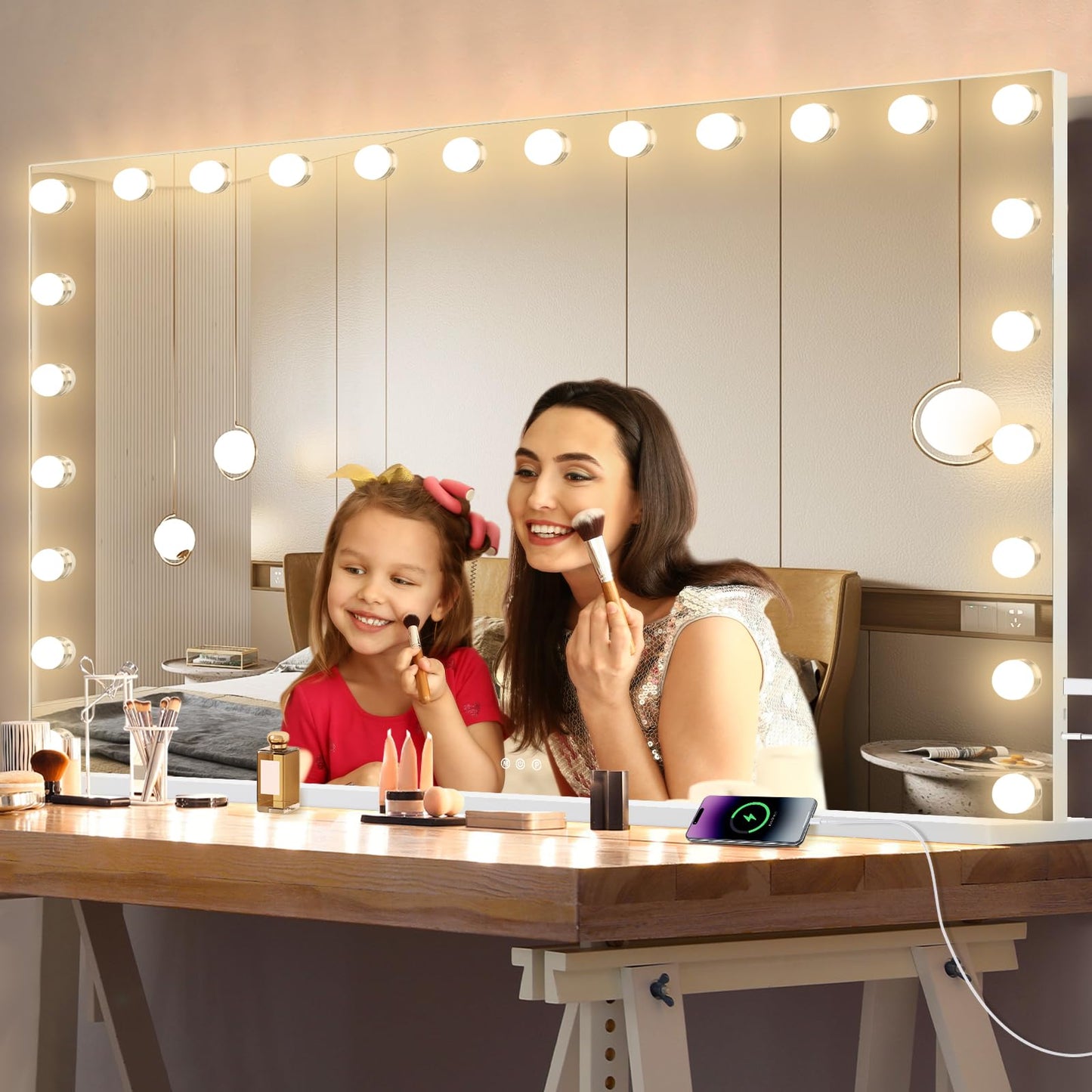 Hollywood Vanity Mirror with Lights, 15 Dimmable Bulbs, 3 Color Lights,Make Up Lighted Mirror, Aluminum Metal Frame, USB Charging Port（23" x 18"）