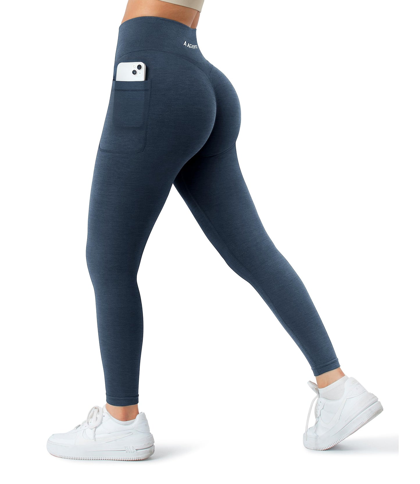 A AGROSTE Women Seamless Workout Leggings with Pockets Scrunch Butt Lifting Gym Leggings High Waisted Yoga Pants