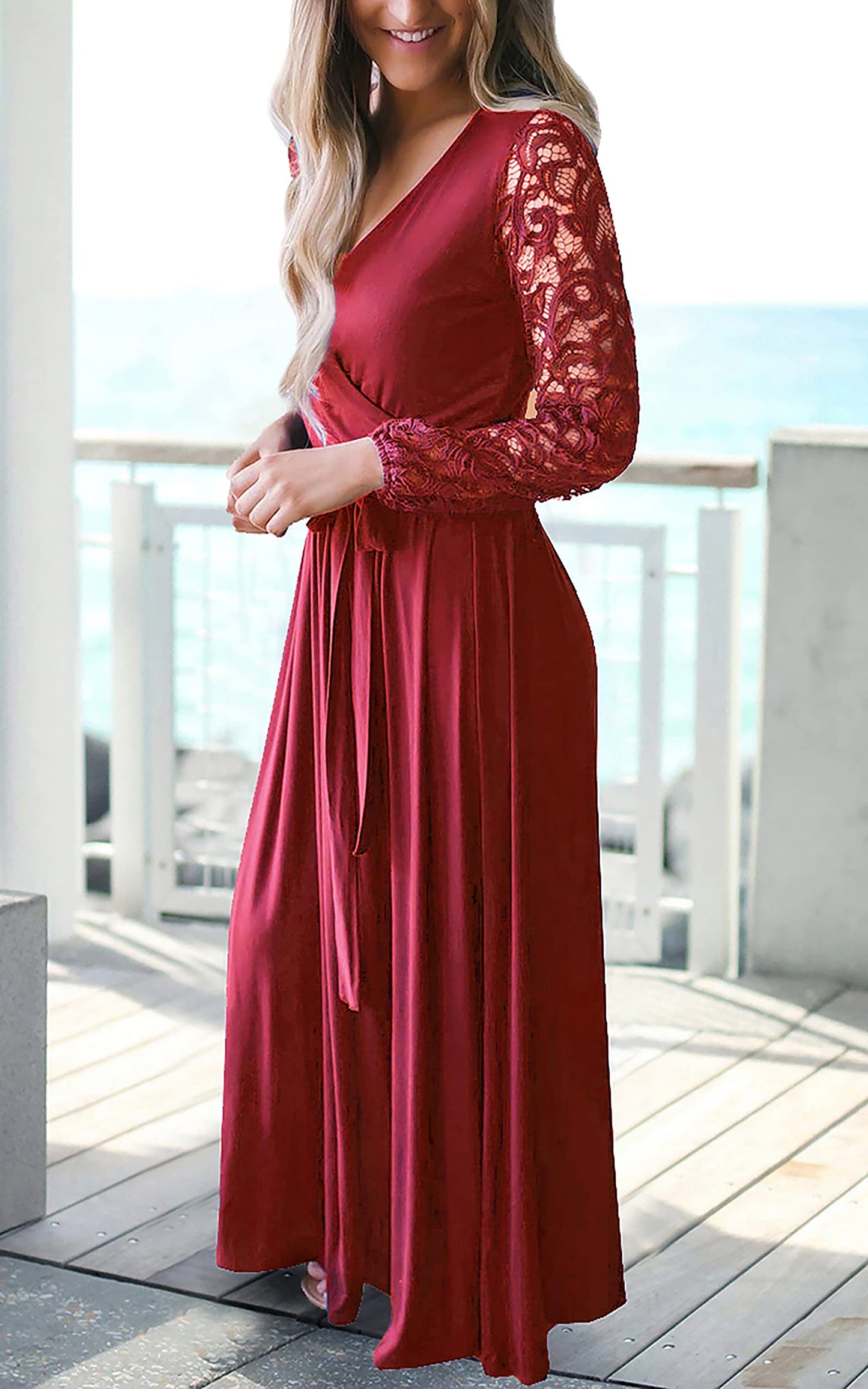 Kranda Christmas Dress Women's Casual Floral Lace Long Sleeve Faux Wrap V Neck Bridesmaid Maxi Dress Wine Red M