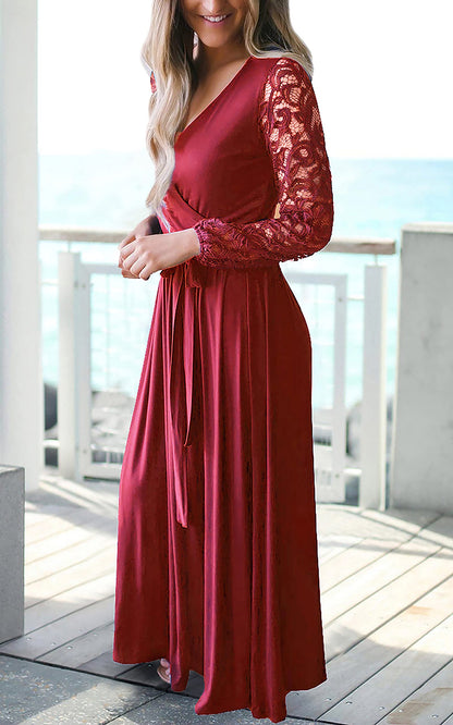 Kranda Christmas Dress Women's Casual Floral Lace Long Sleeve Faux Wrap V Neck Bridesmaid Maxi Dress Wine Red M