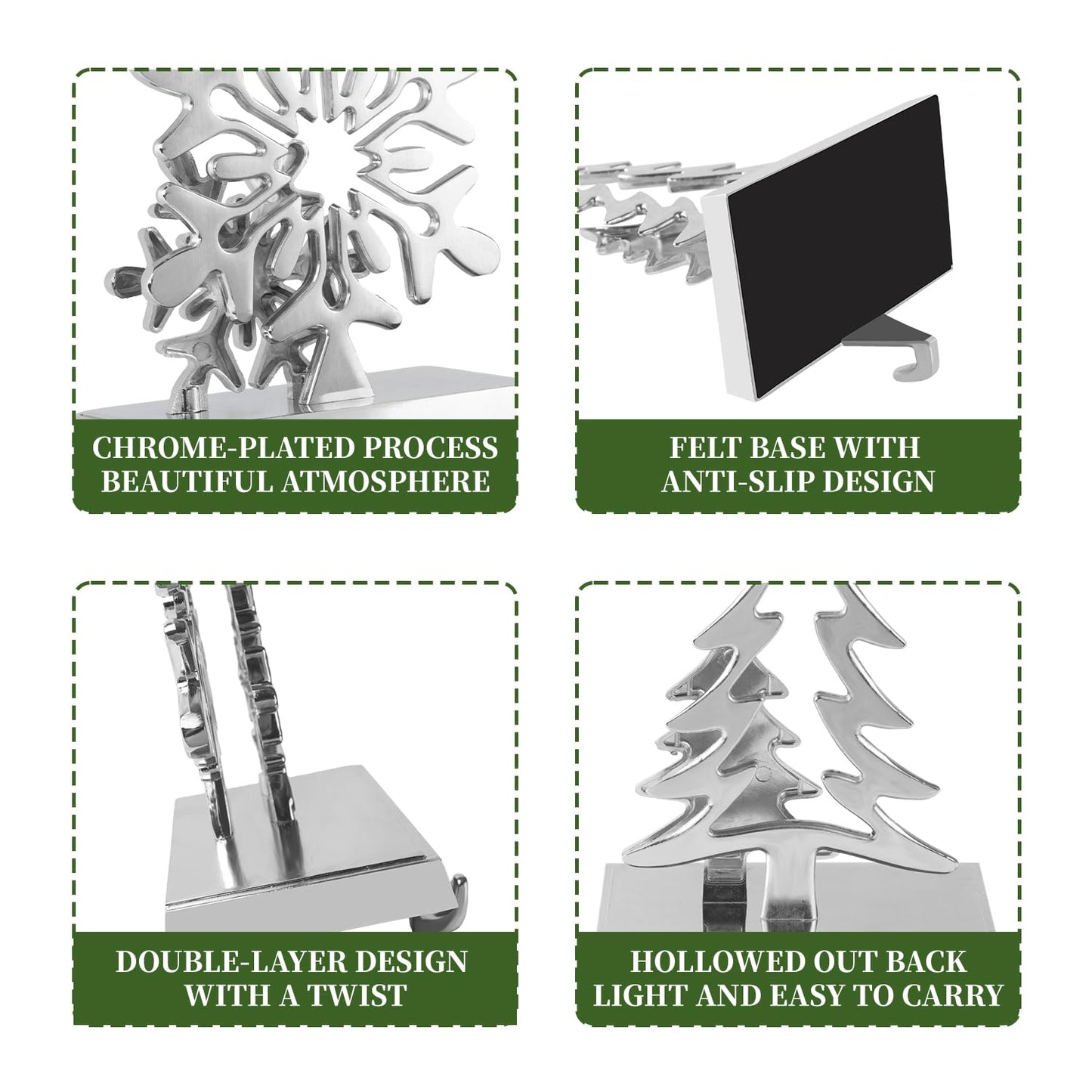 Christmas Stocking Holders for Mantel Set of 4, Stocking Hangers Reindeer Snowman Christmas Tree Snowflake Metal for Fireplace Mantel Holiday Christmas Decorations Stocking Hanger Hook - Silver