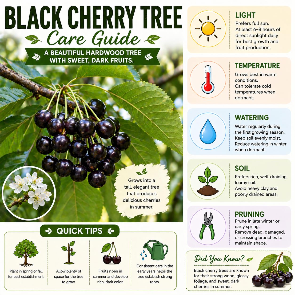 Black Cherry Tree Live Plant, 1 Year Old Sweet Cherry Bare Roots 1.5-2 Feet, Dormant, Hardy Shade Tree for Garden or Landscape