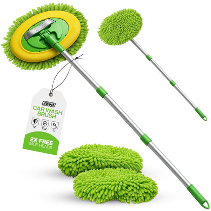 ZENO Car Cleaning Brush | Car Wash Brush | Microfibre Mop with Mittens | Car Washing Brush | Car Wash Kit for Cleaning Van Truck Caravan | Scratch Free 2 x Mop Heads | 1 x Extendable Pole 53-104cm