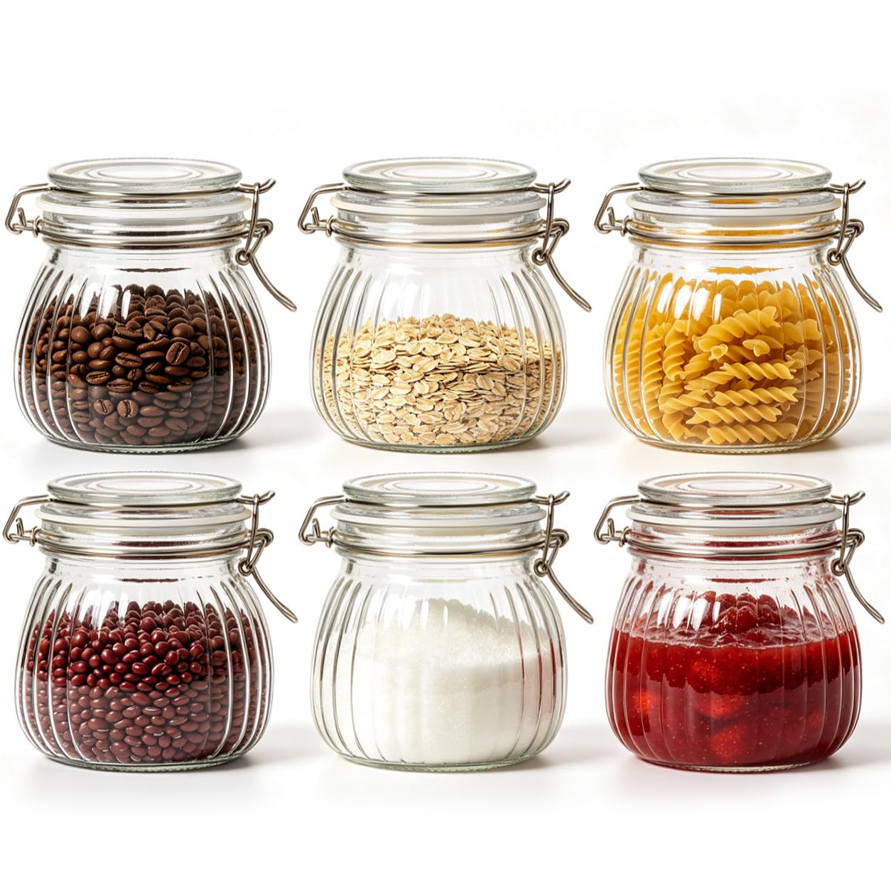 ComSaf 6-Pack 17oz Ribbed Glass Storage Jars with Airtight Clamp Lids, Decorative Wide Mouth Pint Canisters for Jam, Spices, Nuts, Coffee Beans, Snacks, Honey - Kitchen Pantry and Drawer Organization