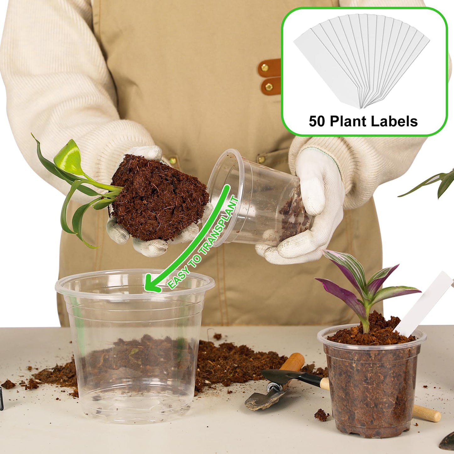 JNYONG 60 Pack 3.5/4/5/6/7 Inch Clear Nursery Pots with Drainage Hole,Variety Sizes Seed Starting Pots Transparent Plastic Plant Pots for Plants Transparency with 50 Plant Labels