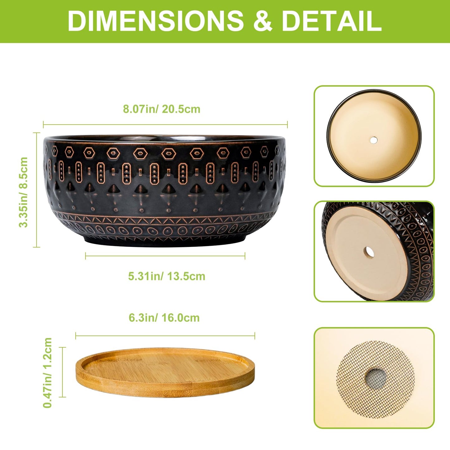 Fivepot Bonsai Planter - 8 Inch Ceramic Pots for Plants Indoor, Shallow Round Succulent Bowl with Drainage Hole and Tray for Cactus, Boho Room Garden House Decor, Birthday Gifts, Black