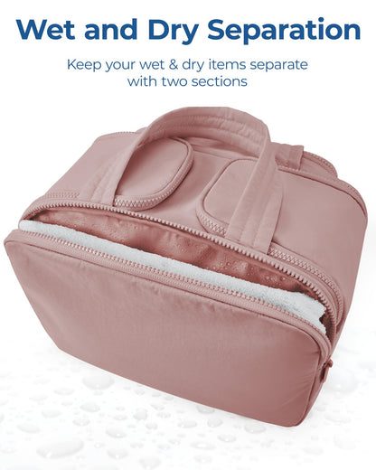 BAGSMART Travel Toiletry Bag, Lightweight Large Wide-open Travel Bag for Women, Puffy Cosmetic Makeup Bag Organizer with Handle for Accessories,Essentials, Toiletries, Dark Pink