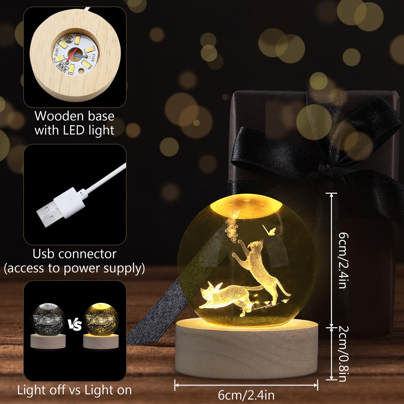 MAIBAOTA 3D Cat Decor Crystal Ball 2.4 Inches Glass Ball Cat Gifts for Women Crystal Decorations Figurines Sphere for Home