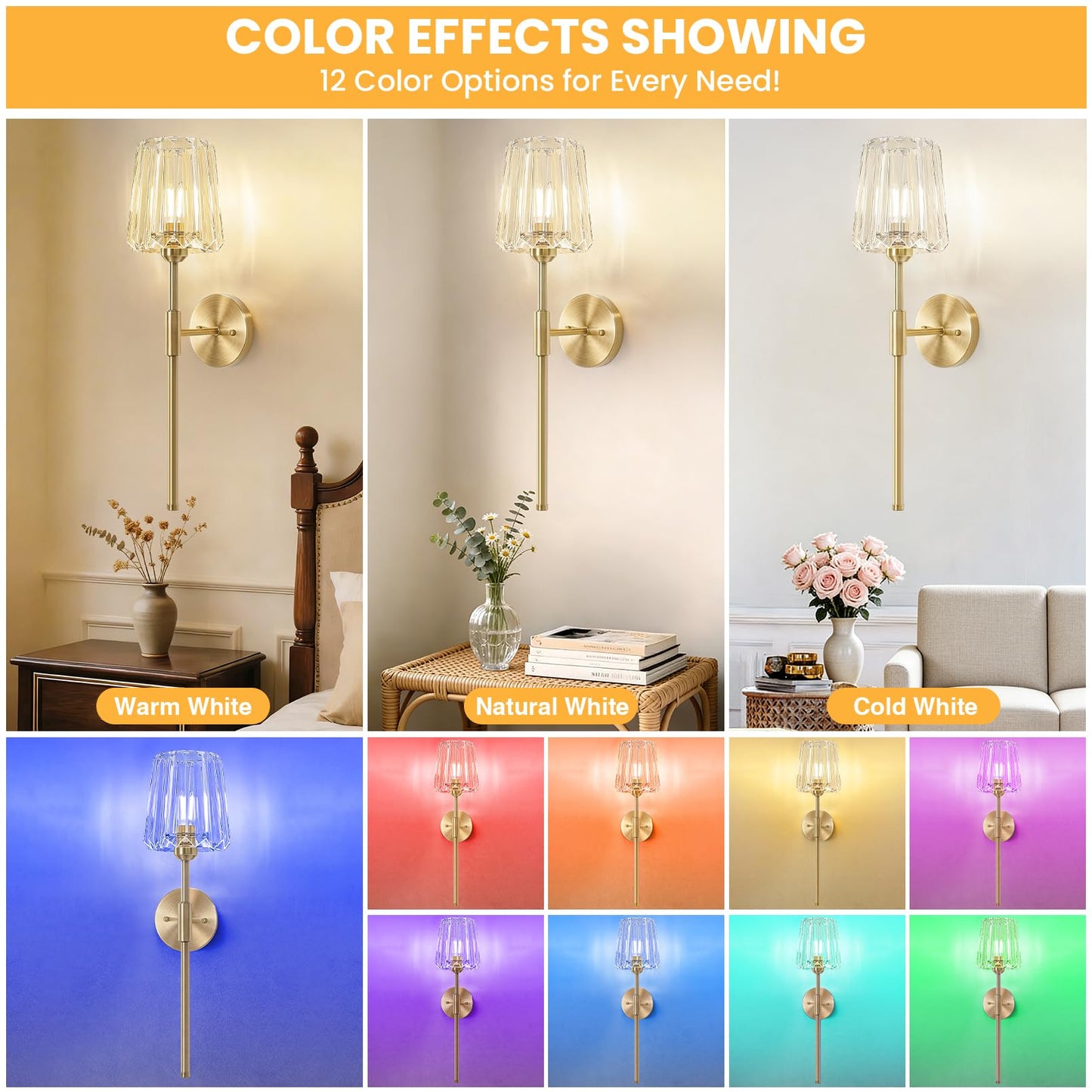 OYKYOHEI 2 Packs Crystal Battery Wall Sconces, Rechargeable Wireless Clear Lights, 12 Color Changing & 3CCT Dimmable, Gold Metal Finish Clear Glass Wall Lamps for Bathroom Dining Room Bedroom Accent