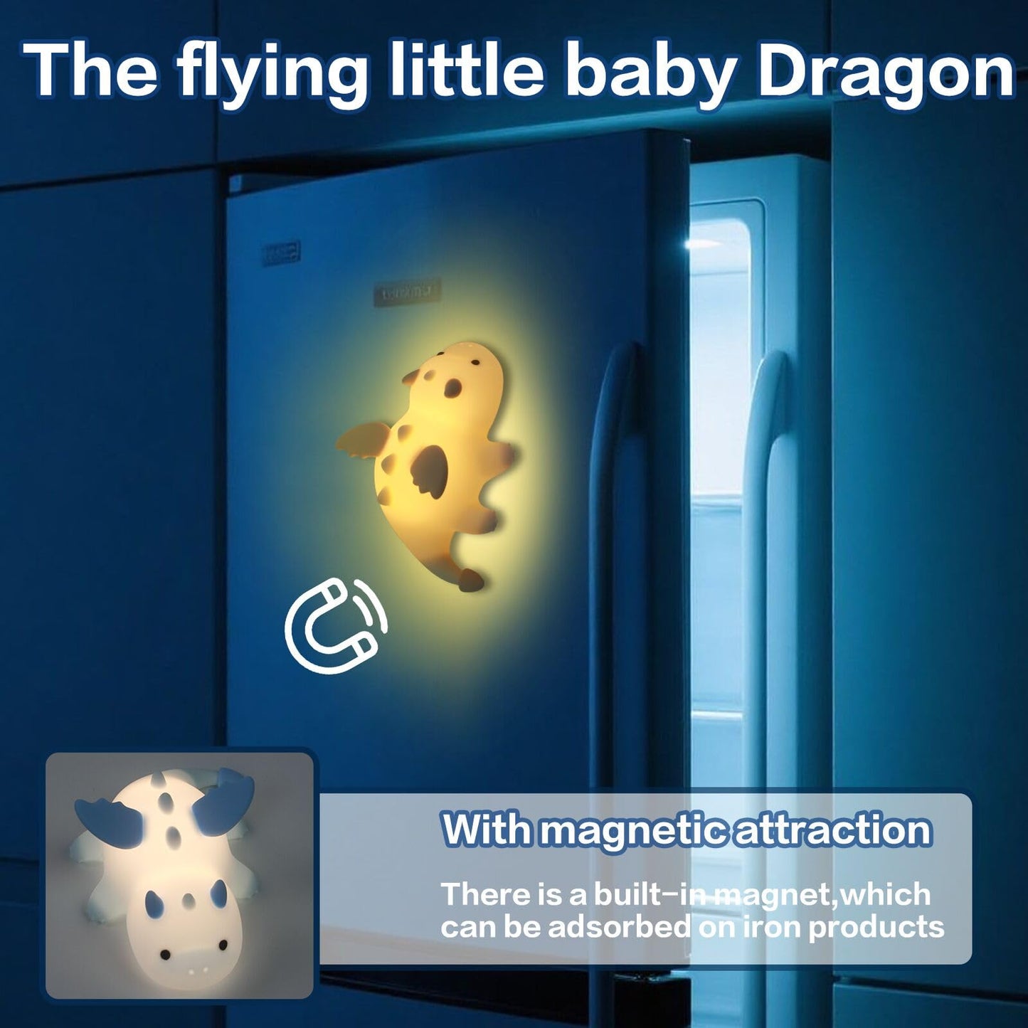 Yesinaly Cute Silicone Night Light for Kids - Touch Control LED Nursery Lamp for Baby Toddler Bedroom, Portable Battery Powered Nightlight for Nursery Nightstand - Dragon Design, Blue