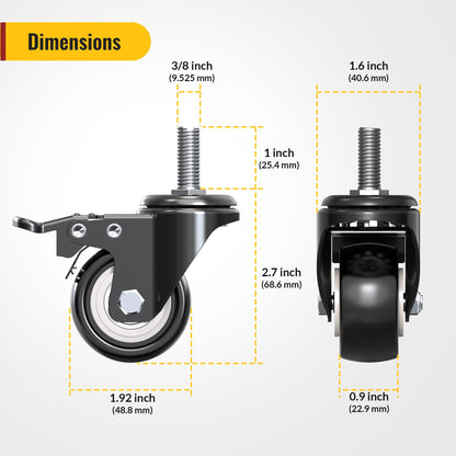 HOLKIE Stem Caster Wheels 2 inch Total Locking Casters Set of 4, Threaded Stem 3/8" -16 x 1 (Diameter 3/8", Length 1") Swivel Heavy Duty Castors Black