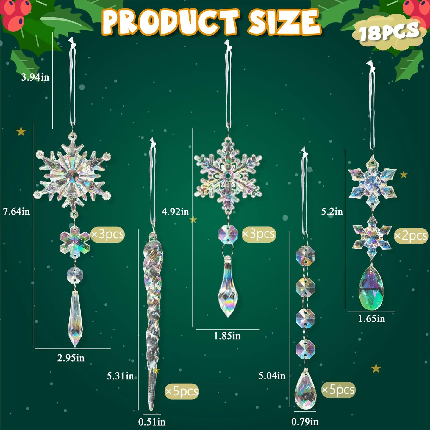 GuassLee 18pcs Crystal Christmas Tree Ornaments - Iridescent Acrylic Snowflake Icicle Drop Crystal Hanging Ornaments for Tree Iridescent Party Decor Christmas Frozen Themed Birthday Decor
