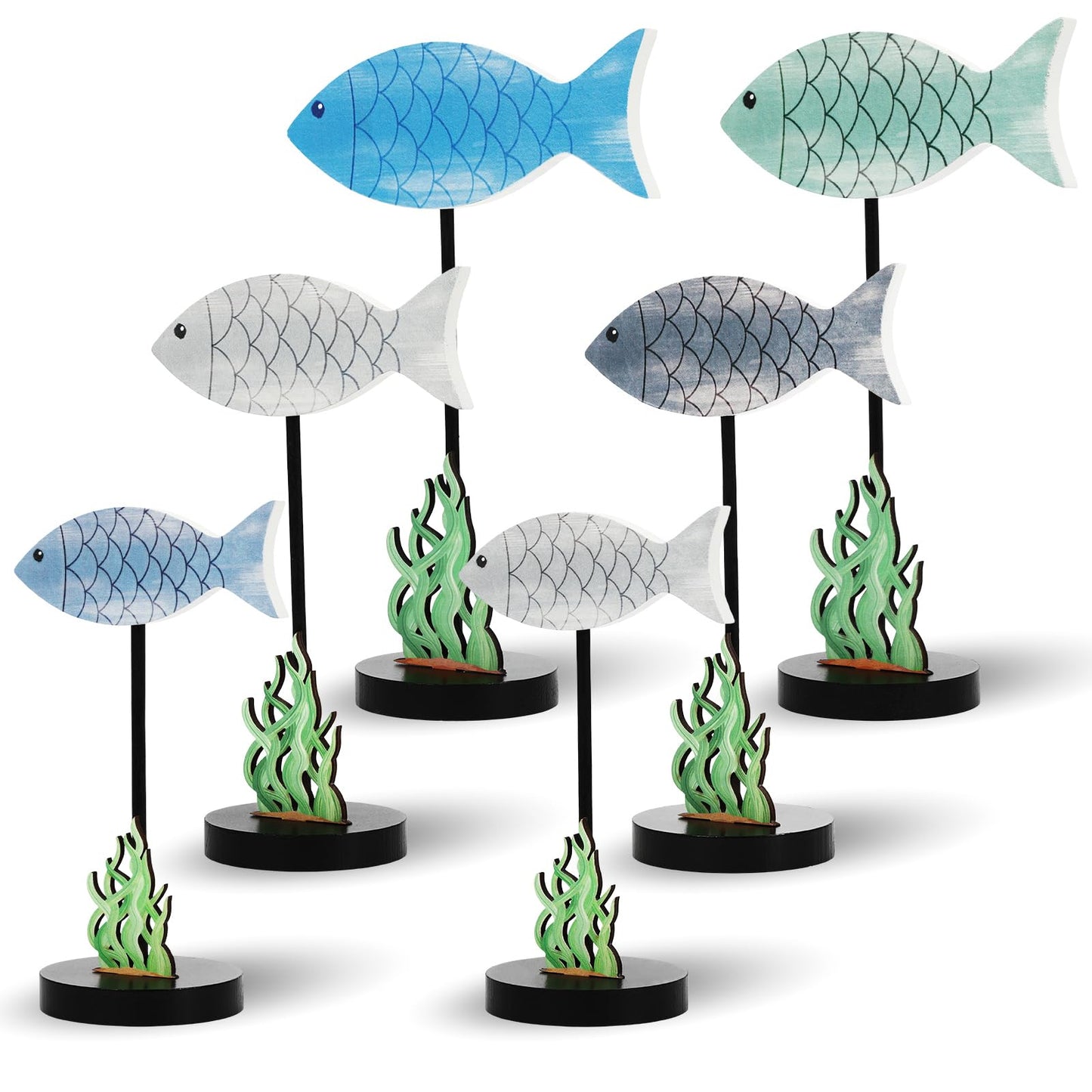 6Pcs Wooden Fish Table Decor with Seaweed Summer Ocean Theme Centerpiece Sea Animal Standing Sign Rustic Wood Fish Tabletop Decor Accents Coastal Home Office Bedroom Kitchen Table Shelf Desk