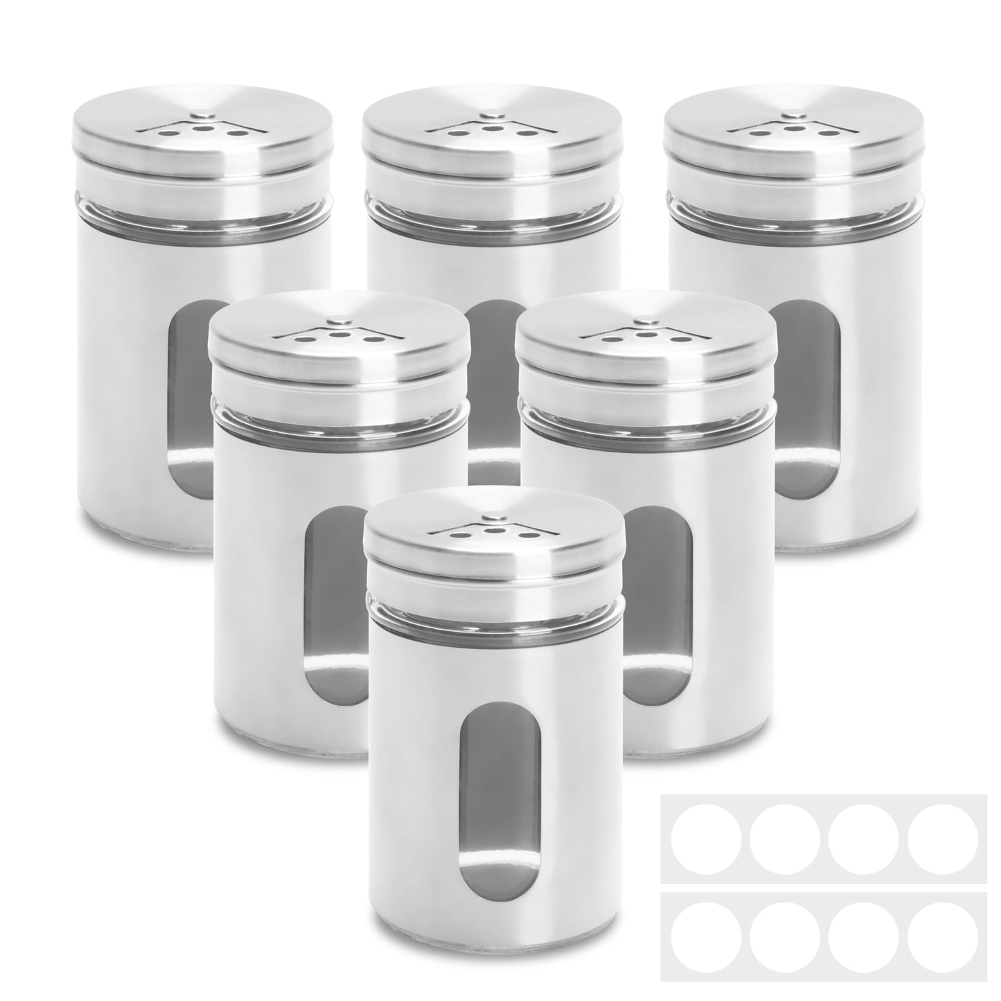 YACEYACE Stainless Spice and Salt Shakers, 6Pcs 3oz Part Clea Salt and Pepper Shakers with Holes and Adjustable Lids, Spice Jars with Label