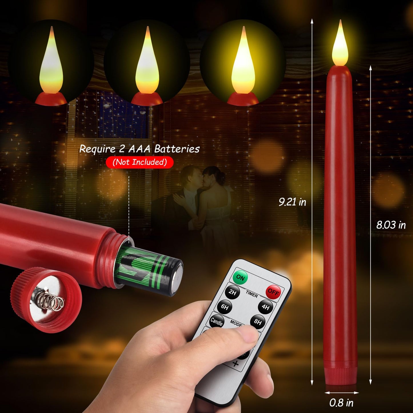 Hanzim Flameless Taper Candles with Remote Control,3/6/9/12/15pack Plastic LED Candles, Flickering Battery Operated, 9.2'’Classic Tall Candle for Wedding, Party,Christmas,Home Decor (15PACK, Red)
