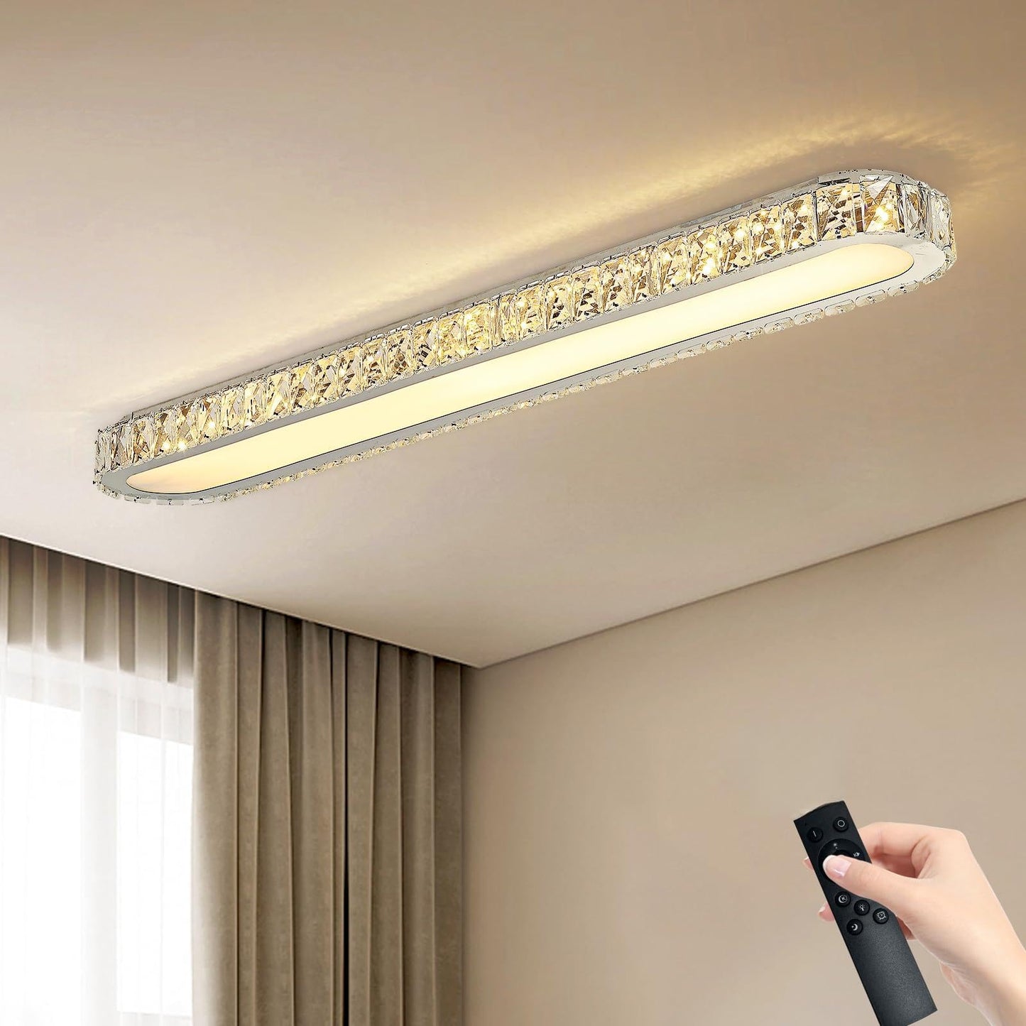 Qcyuui Dimmable LED Ceiling Light 39.4'' Kitchen Lighting Fixtures Ceiling Modern Luxury Crystal Ceiling Light with Remote Chrome Long Ceiling Light Fixture for Kitchen Dining Room Hallway,48W