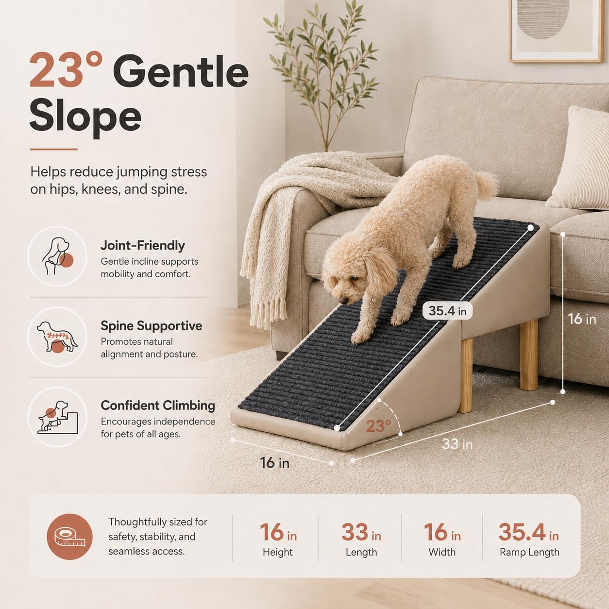 Dog Ramp for Couch, 16" H × 16" W 2-in-1 Split Ottoman Dog Stairs, Foldable Wooden Pet Ramp with 23° Gentle Incline & Non-Slip Surface, Pet Steps for Senior Small Medium Large Dogs (Off-White)
