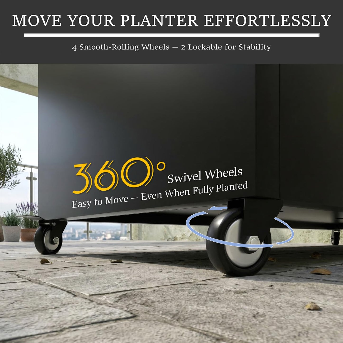 WIZWERK Metal Planter Box with Wheels, 36" Large Rolling Outdoor Planter with Drainage & Removable Shelf, Rectangular Planter Raised Garden Bed for Patio, Balcony, Porch & Backyard, Black