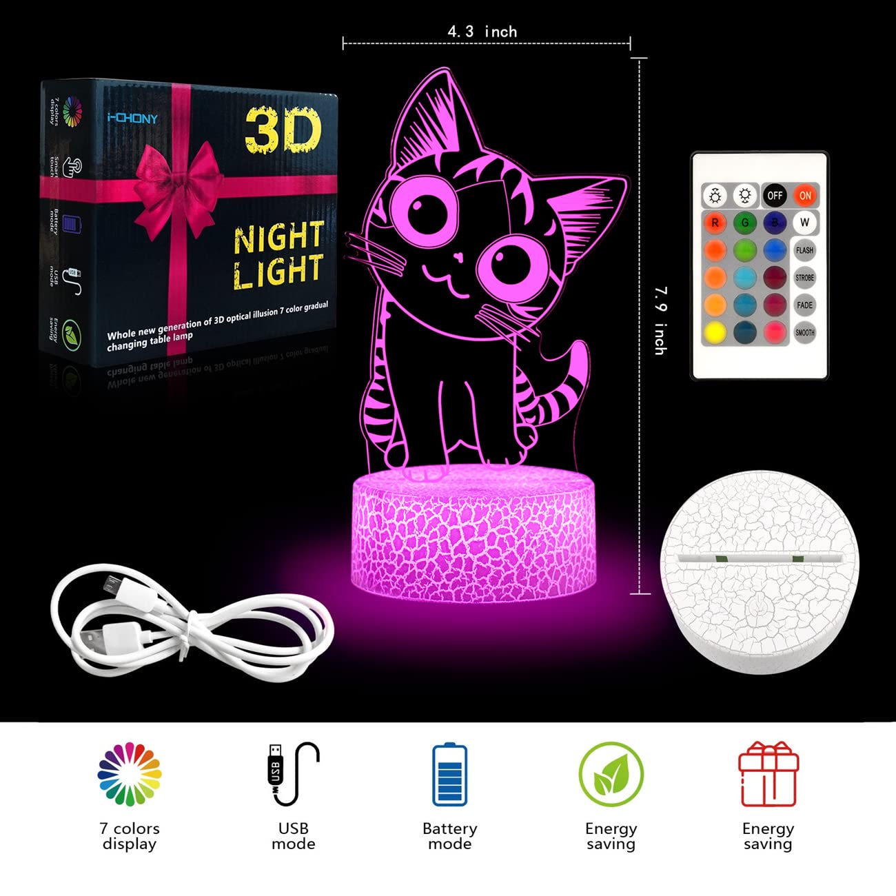 i-CHONY Cat Night Light, 3D Optical Illusion Lamp, 16 Colors