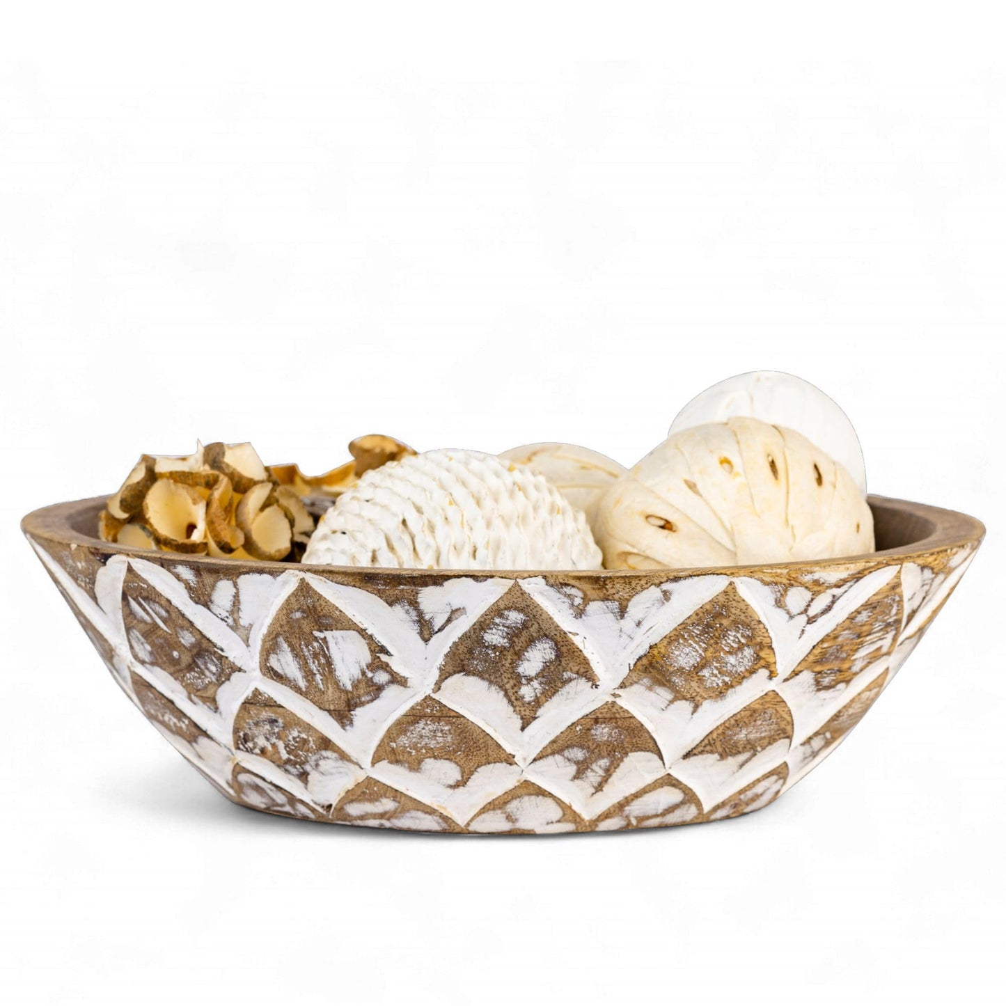 Mie Creations 10'' Decorative Wooden Bowl, Wood Serving Bowl for Fruits, Salad, Desserts, Snacks, Popcorn, Kitchen Counter | Rustic Table Centerpiece Thanksgiving Christmas Decor- 10x3 inch Whitewash