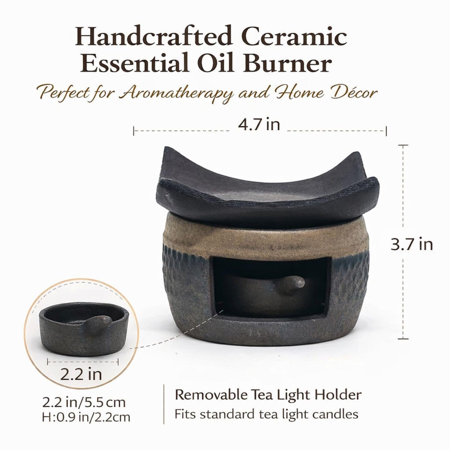 Zen Ceramic Incense Holder with Wooden Tongs, Tealight Wax Warmer and Essential Oil Burner for Wax Melts, Dried Herbs and Palo Santo, Aromatherapy Stove for Bedtime Calm, Meditation, Home and Office