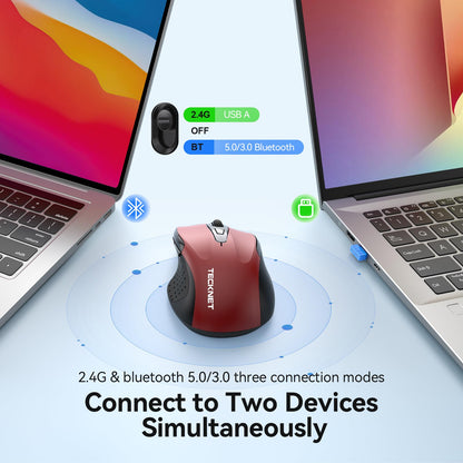 TECKNET Rechargeable Jiggler Wireless Mouse (BT5.0/3.0 & 2.4G) 4800 DPI Silent USB A & Bluetooth Mouse 6 Buttons, Wide Compatibility - Black