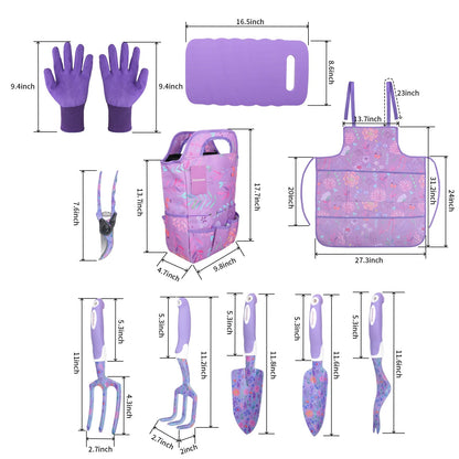 iHansee Purple Garden Tool Sets 10-Piece, Aluminum Alloy Steel Hand Tools w/Non-Slip Ergonomic Handle, Floral Print Garden Supplies Organizer Handbag, Cute Gardening Tools Gift for Women Grandmother