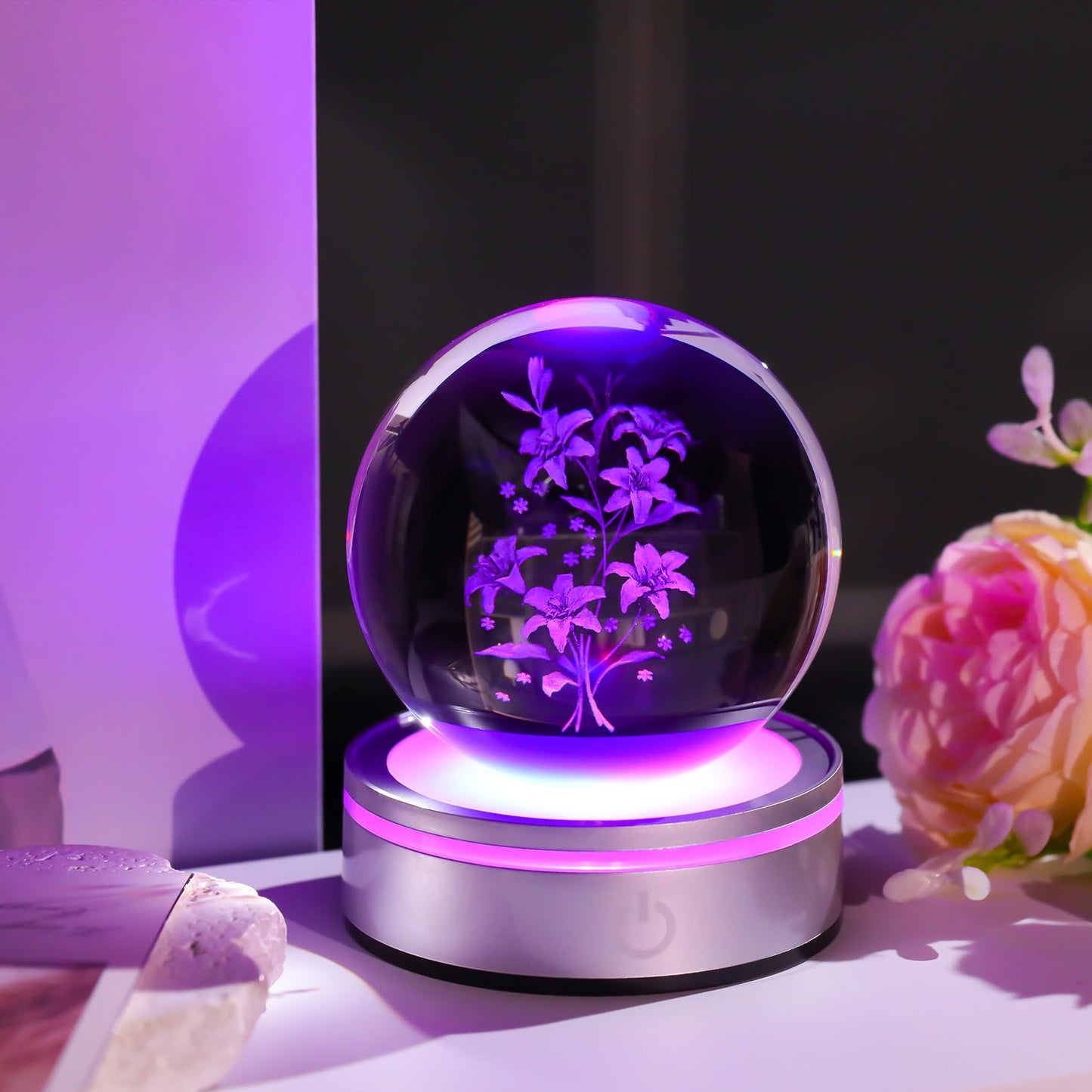 Movdyka 3D Laser Etched Lily Crystal Ball with Color-Changing LED Base