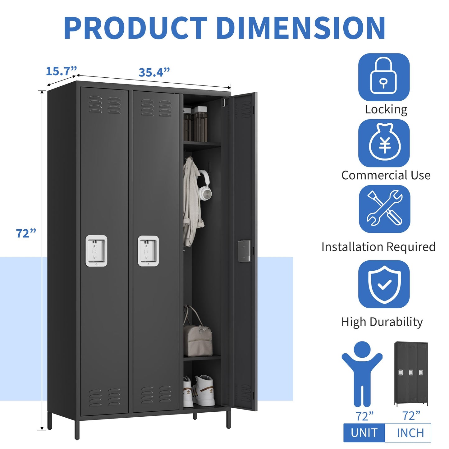 GarveeLife Employee Lockers for Office 3 Doors, Metal Sorage Locker Combination for Employees, Industries Double Tier Metal Locker for Home, School, Gym