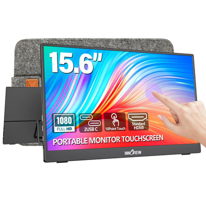 InnoView Portable Monitor Touchscreen 15.6" 1080P 10-Point Touch Screen Monitor Portable with Protective Sleeve Built-in Stand, 1200:1 HDMI USB C Travel Monitors for Laptop, PC, Phone