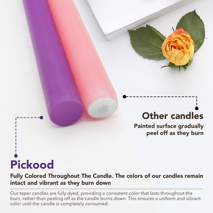 Pickood 10-Inch Tall Dripless Advent Candles Set of 12, Tapered Candles, Perfect for Christmas - Smokeless, Unscented, Long Burning - Hand Poured, Colored Tall Candlesticks - Pink and Purple