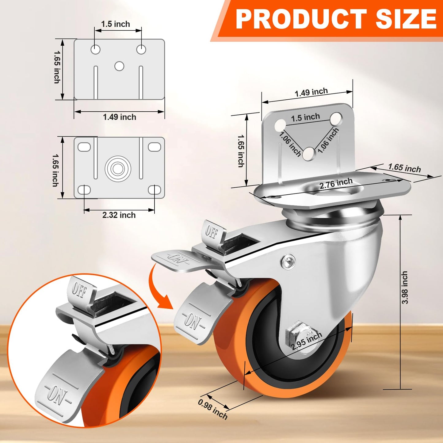 3 Inch Side Mount Casters Set of 4, L-Shape Heavy Duty Plate Caster Wheels 1000 LBS,Swivel Castors with Brakes,Silent Rubber Wheels for Furniture, Carts,Table,Office Chair