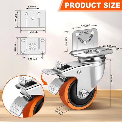 3 Inch Side Mount Casters Set of 4, L-Shape Heavy Duty Plate Caster Wheels 1000 LBS,Swivel Castors with Brakes,Silent Rubber Wheels for Furniture, Carts,Table,Office Chair
