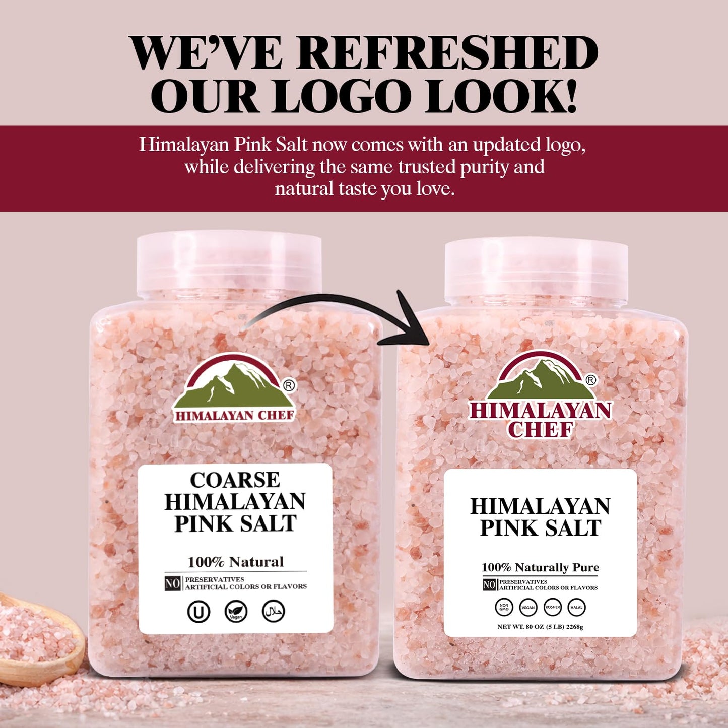 Himalayan Chef Pink Himalayan Salt Coarse Grain, 5 lbs Plastic Jar - Pure, Natural, Kosher, Mineral-Rich, Ideal for Grinder Refills, Cooking, Seasoning