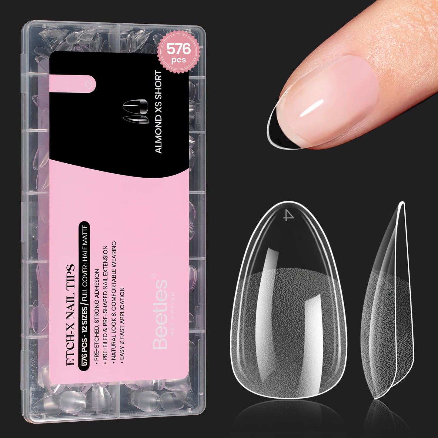 Beetles Gel Nail Kit Short Almond with Nail Dehydrator and Primer, 576Pcs Half Matte Etch-X Gel Nail Tips Solid Nail Glue Mini Nail Lamp Acrylic Nail Tips Easy DIY Nail Extension Set Gift for Women