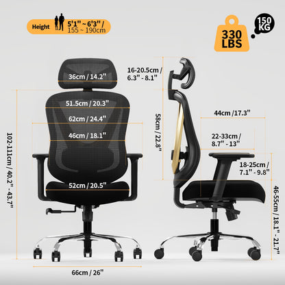 HOLLUDLE Ergonomic Mesh Office Chair - 3D Adjustable Lumbar Support & 3D Armrests, V-Shaped Back, Adjustable Desk Chair for Office & Home, Black and Gold