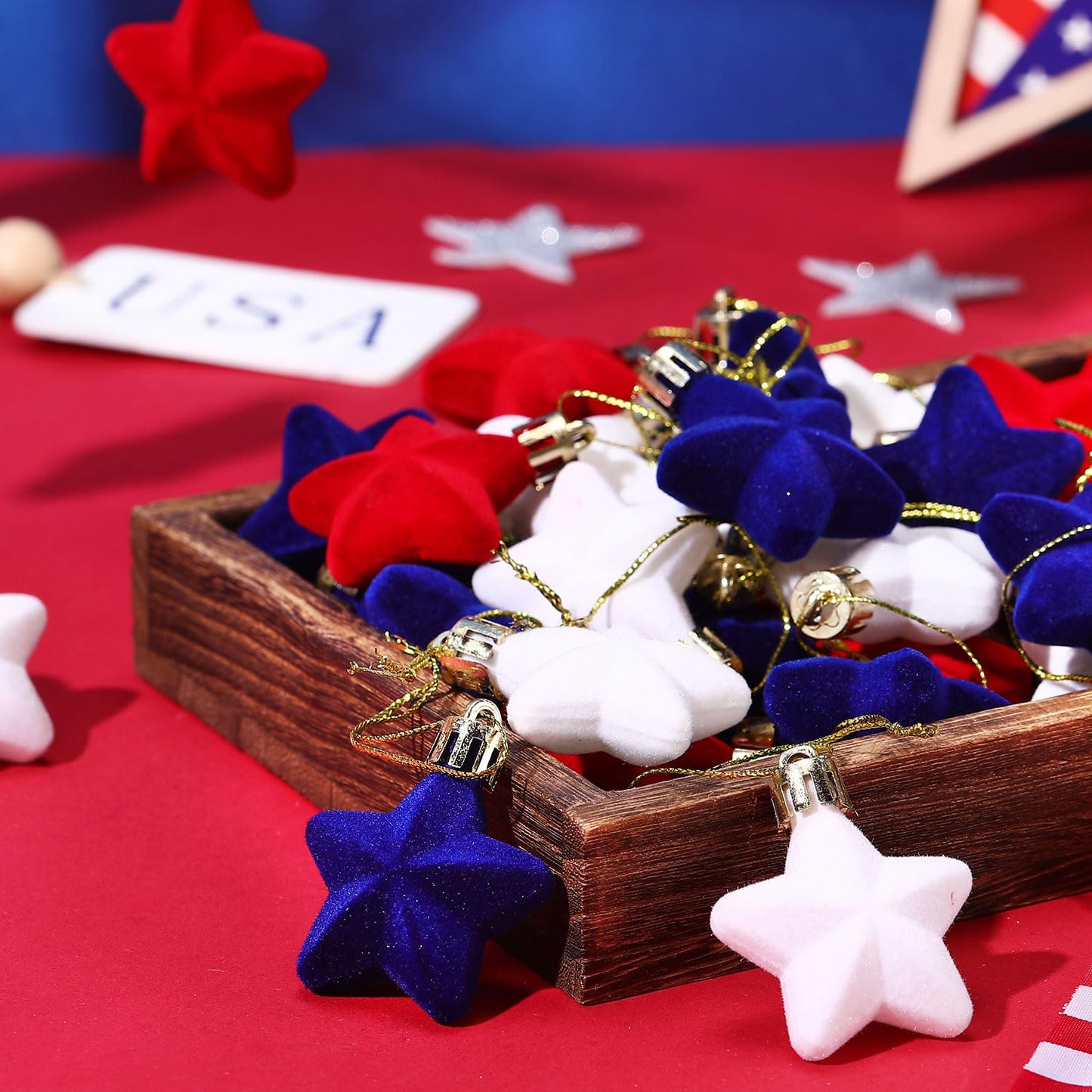PullCrease 24 Pcs 4th of July Tree Decorations 1.97 Inch Red White Blue Star Ornaments Patriotic Hanging Star Shaped Ornaments for Independence Day 250th Anniversary Holiday Party Supplies