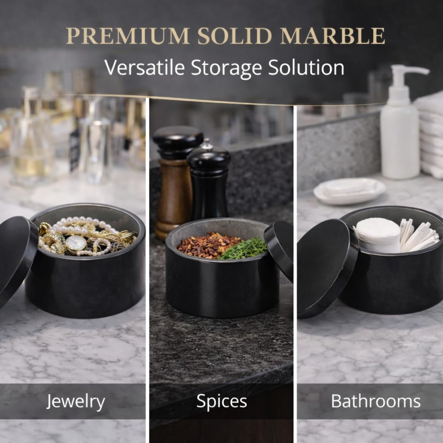 KC KULLICRAFT Unique Salt and Pepper Box Elegant Round Marble Black Salt Box With Lid For Salt, Spice and Herbs Storage. Perfect Container To Store (3.5 X 3.5 X 2 INCH)