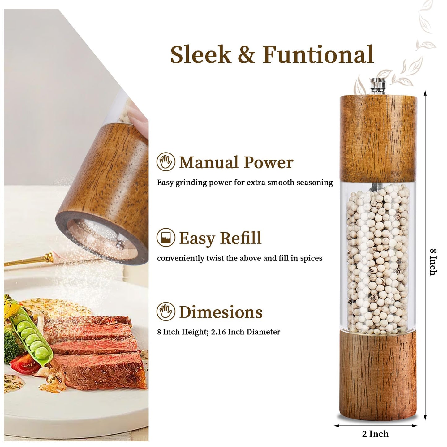 Haomacro 2 Pack Salt and Pepper Grinder Set, Premium Acrylic Salt and Pepper Mills - Manual Oak Wooden Shakers with Adjustable Ceramic Core-8 Inches
