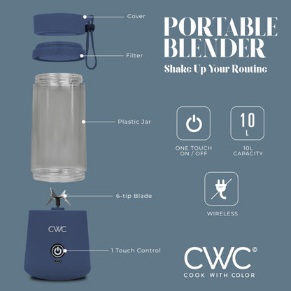 COOK WITH COLOR Mini Portable Blender - 250W Power, 12oz Capacity, Stainless Steel Blade, Wireless/USB Rechargeable, Grey