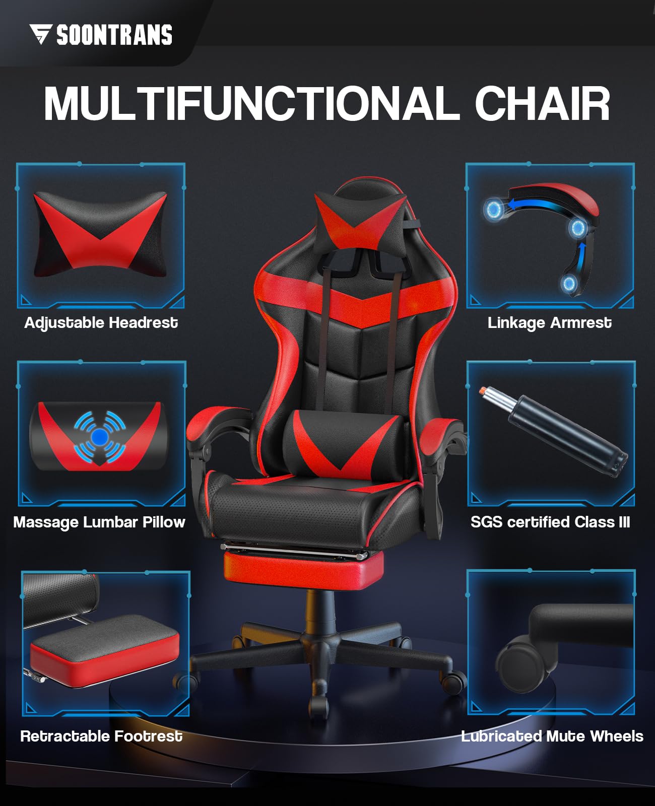 Soontrans Red Gaming Chairs with Footrest,Racing Gaming Chair,Computer Gamer Chair,Ergonomic Game Chair with Adjustable Headrest and Lumbar Support