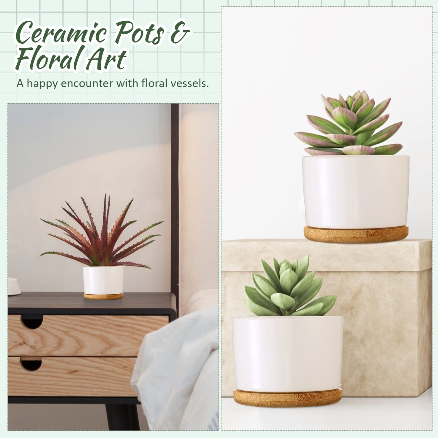 Cindeer 12 Sets Succulent Plant Pot Ceramic Succulent Pots Container Cactus Pots with Bamboo Tray Small Cylinder Flower Plant Pot with Bamboo Saucers for Plants Indoor Outdoor(White,3 x 2.17 Inch)