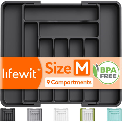 Lifewit Expandable Cutlery Drawer Organiser, Adjustable Cutlery Tray, 9 Compartment, Utensil Holder for Forks, Spoons, Knives, Plastic Kitchen Organiser and Storage, Black