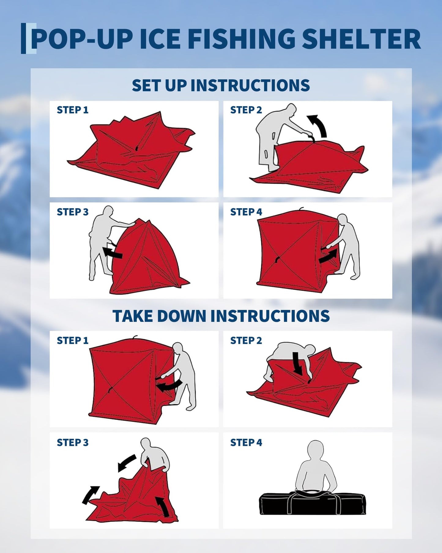 Garvee Pop-up Ice Fishing Tent for 3-4 Persons, Hub-Style Insulated Portable Ice Fishing Shelter with Carrying Bag, Zippered Door, Wind Rope & Anchors, Red