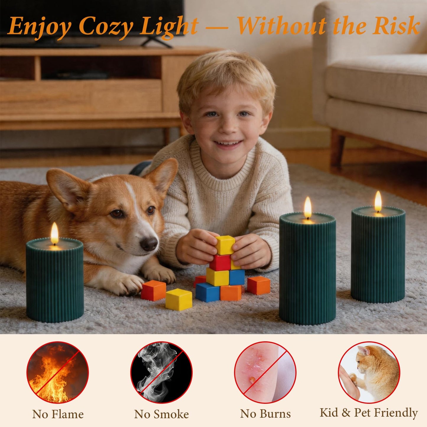 KiimLaa Christmas Green Ribbed Flameless Pillar Candles with Remote, Real Wax Flickering LED Candles Battery Operated with Timer, Set of 3 LED Candles for Wedding, Party, Dinner, Home Decor