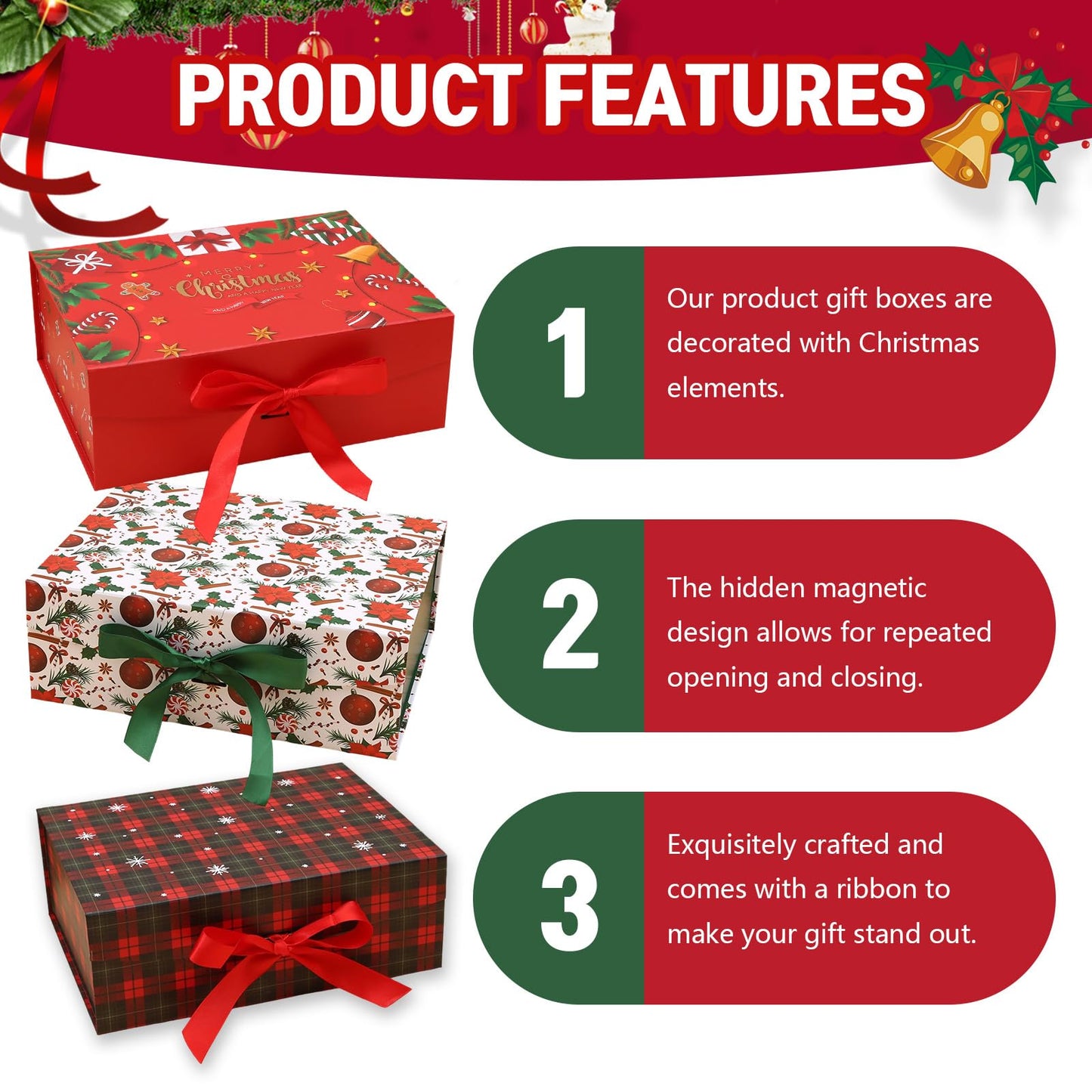 Dimore Christmas Magnetic Gift Boxes with Lids, Collapsible Hardboard Gift Packaging, Red & Green Holiday Boxes for Presents, 4 Pack (Multiple Sizes) (4Pack Christmas 9.5"*6.9"*4.2")