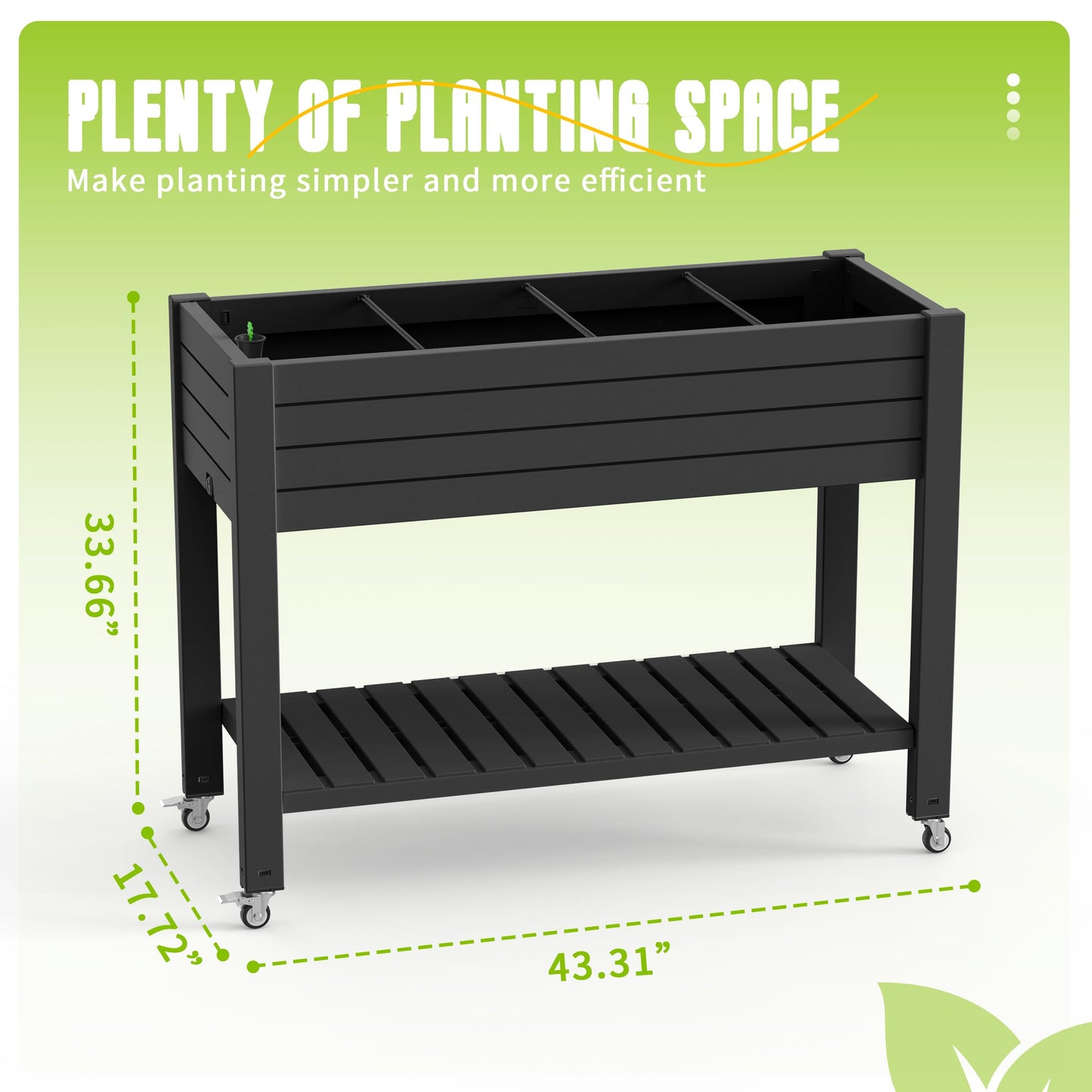 EasyUp 21 Gallon Raised Garden Bed with Legs and Wheels, Raised Planter Box with Drainage Plug and Gauge, Lower Shelf for Tools and Accessories, Dust-Proof Resin for Patio and Backyard(Black)