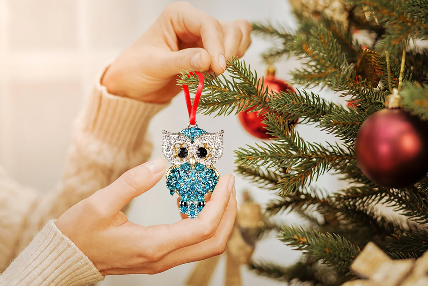 WaaHome Teal Owl Christmas Ornaments Gifts for Owl Lovers - Metal Owls Keepsake Ornaments for Christmas Tree Decorations Gifts for Women Girls Mom Kids