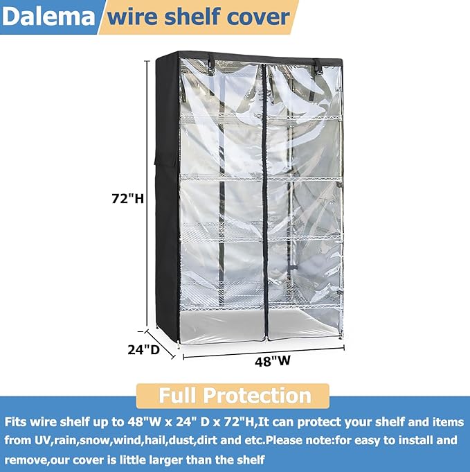 Waterproof Shelf Cover,Outdoor 600D Heavy Duty Dustproof Storage Shelves Cover,48''x24''x72'' Shelf Covers for Wire Shelving with Zippers,Storage Rack Covers with Clear Front